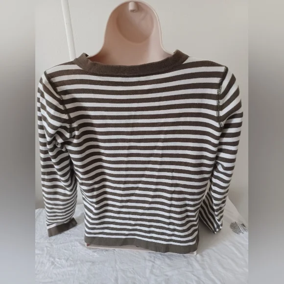 Mel & lisa asymmetrical green cream Stripes Cotton Sweater XS diagonal buttons v - Picture 4 of 6